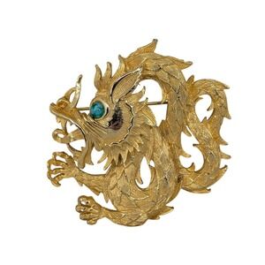 Vintage Lisner Gold Tone Dragon Brooch Pin Faux Turquoise Eye Textured 1970s